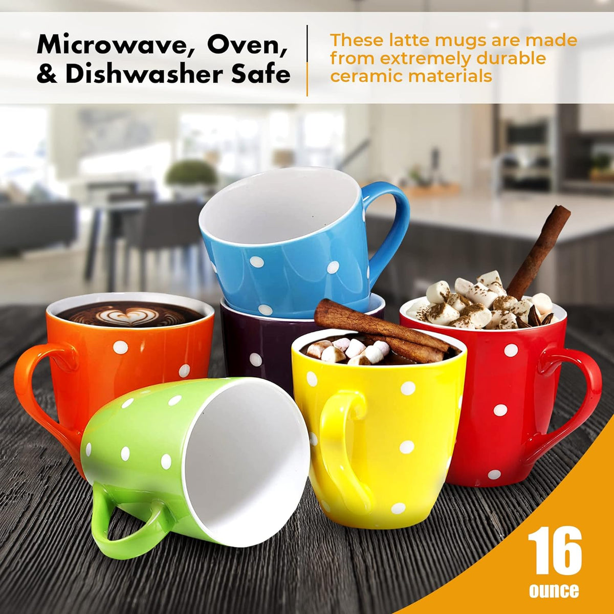 16 Oz Polka Dot Coffee Mug Set of 6, Multi Color Dot Design, Best for a Gift