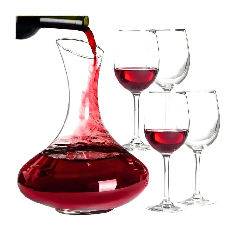 Elegant 61-Ounce Wine Decanter Set with Aerator and Stemmed Glasses - No Handle / Wine Decanter And 4 Glasses - Wine