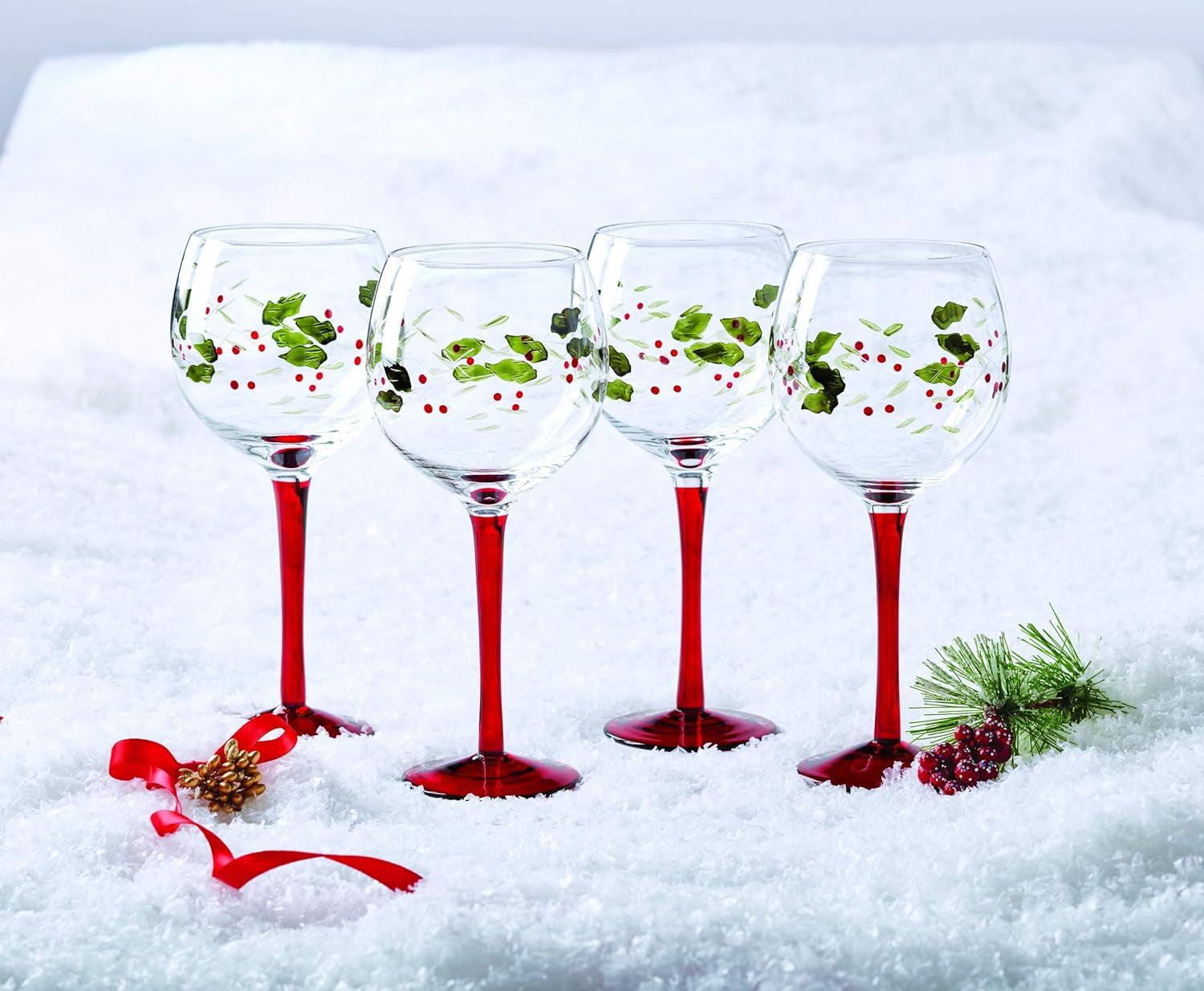 Winterberry 13-Ounce Hand Painted Goblet, 4 Count (Pack of 1), White