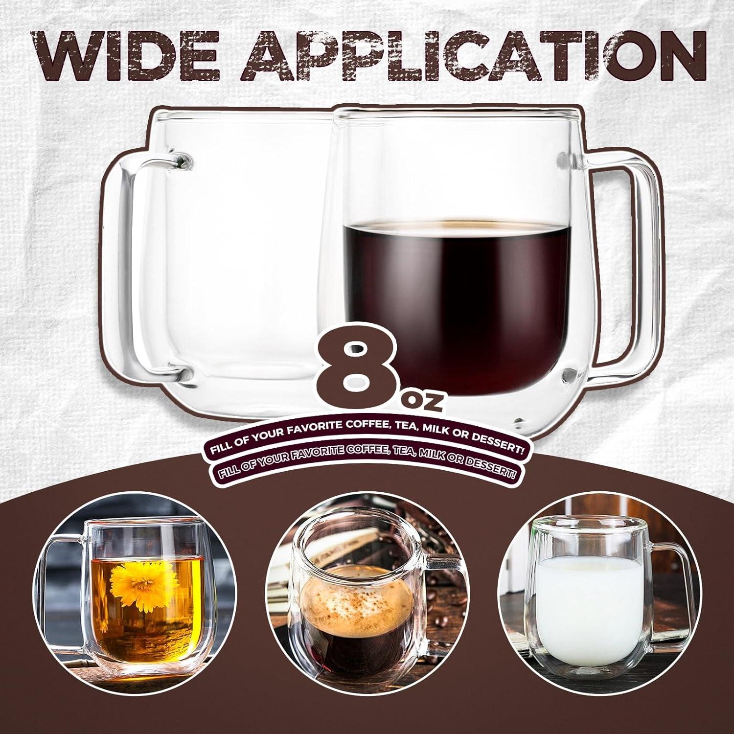 2 Pack 12 oz Double Walled Glass Coffee Mugs with handle, Thermal Insulted No Condensation