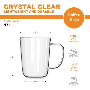 Glass Coffee Mugs(Set of 2)-17 oz, Comfortable Handle,Lead-free Glasses