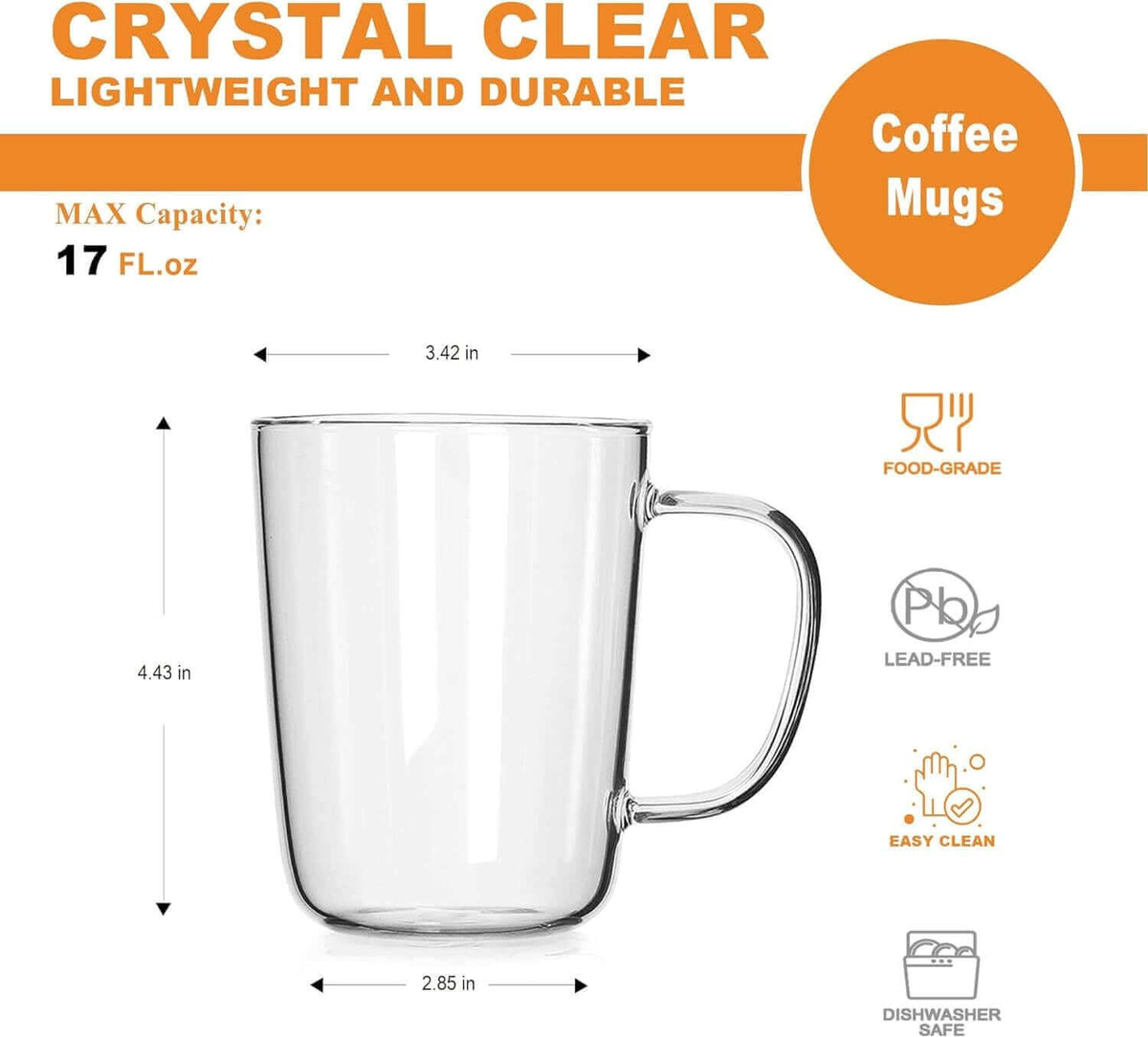 Glass Coffee Mugs(Set of 2)-17 oz, Comfortable Handle,Lead-free Glasses