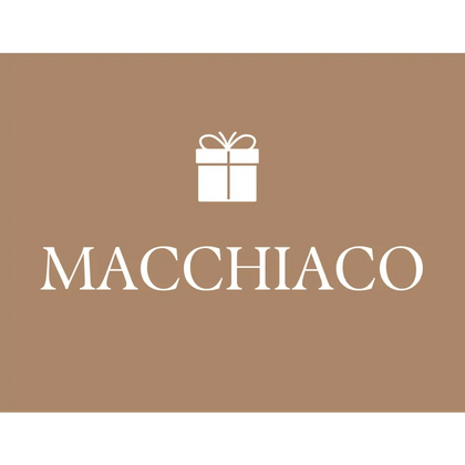 A white gift box icon above MACCHIACO in bold white on a brown background with green borders, representing the Macchiaco Virtual Gift Card.