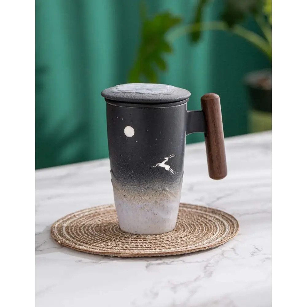 Moonlight Deer Ceramic Tea Cup with Infuser and Wooden Handle Steeping Mug 13.5 OZ (Black&White) - Macchiaco