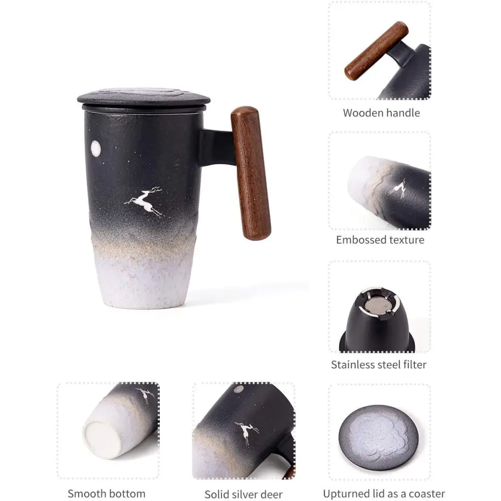 Moonlight Deer Ceramic Tea Cup with Infuser and Wooden Handle Steeping Mug 13.5 OZ (Black&White) - Macchiaco