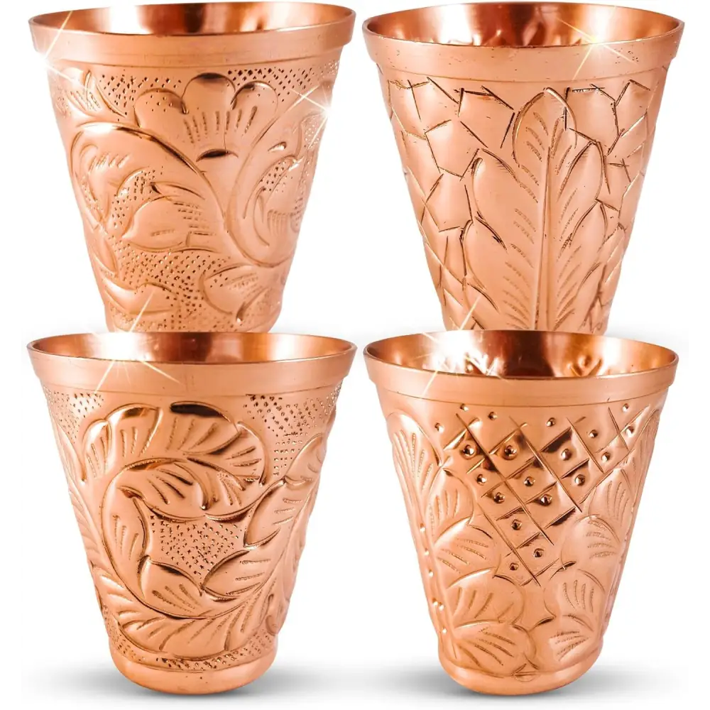 Moscow Mule Pure Copper Mugs - Embossed Set with 4 Matching Shot Glasses