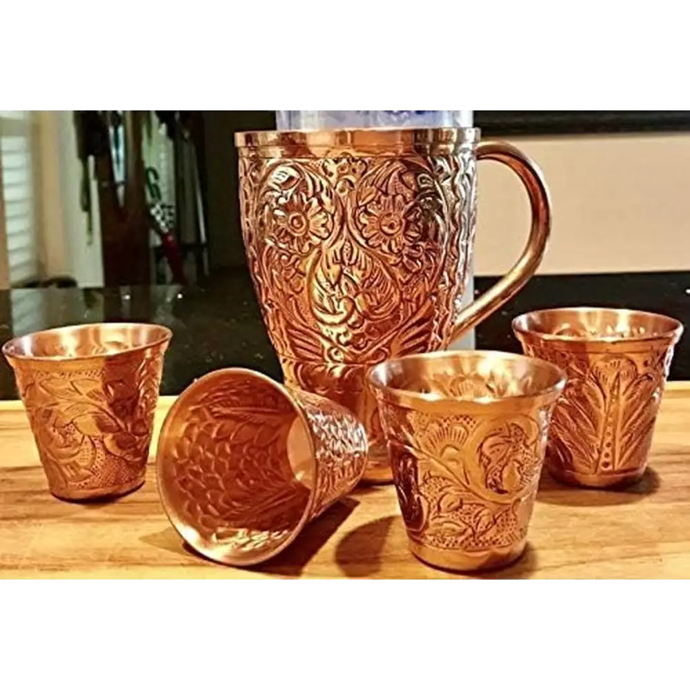 Moscow Mule Pure Copper Mugs - Embossed Set with 4 Matching Shot Glasses