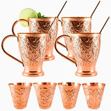 The Moscow Mule Pure Copper Mugs - Embossed Set includes four handled mugs with copper straws and lime and mint garnish, shown above four matching custom embossed shot glasses.