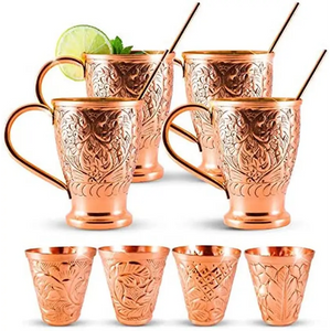 Moscow Mule Pure Copper Mugs - Embossed Set with 4 Matching Shot Glasses