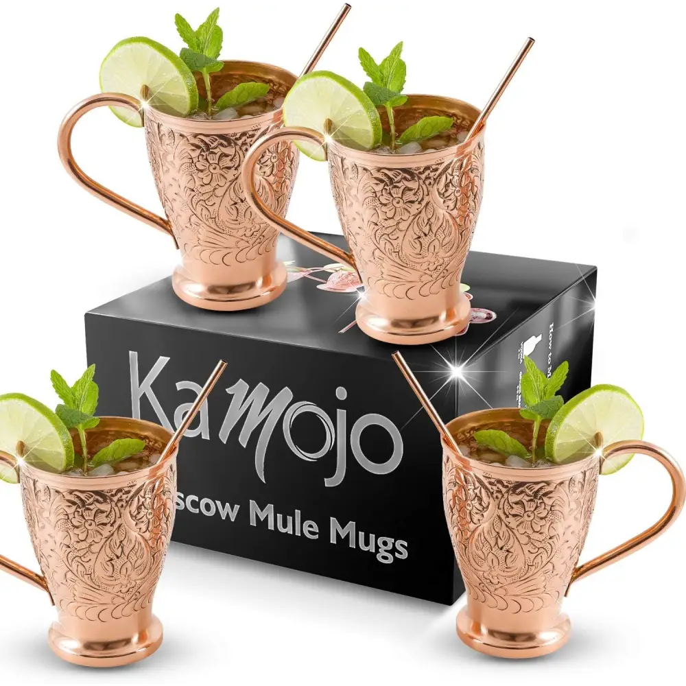 Moscow Mule Pure Copper Mugs - Embossed Set with 4 Matching Shot Glasses