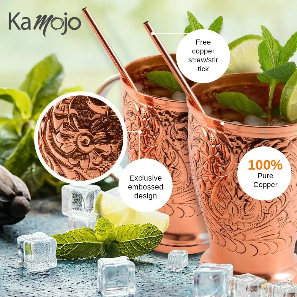 Moscow Mule Pure Copper Mugs - Embossed Set with 4 Matching Shot Glasses