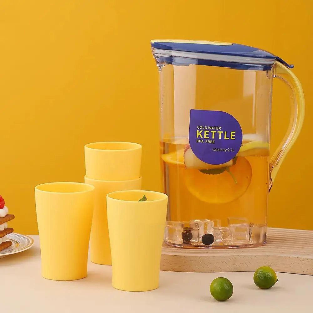 Plastic Water Pitcher with Lid 71 oz and 4 Cups, Great for Juice, Milk, Beverage Cold Tea, Iced Tea (Yellow) - Macchiaco