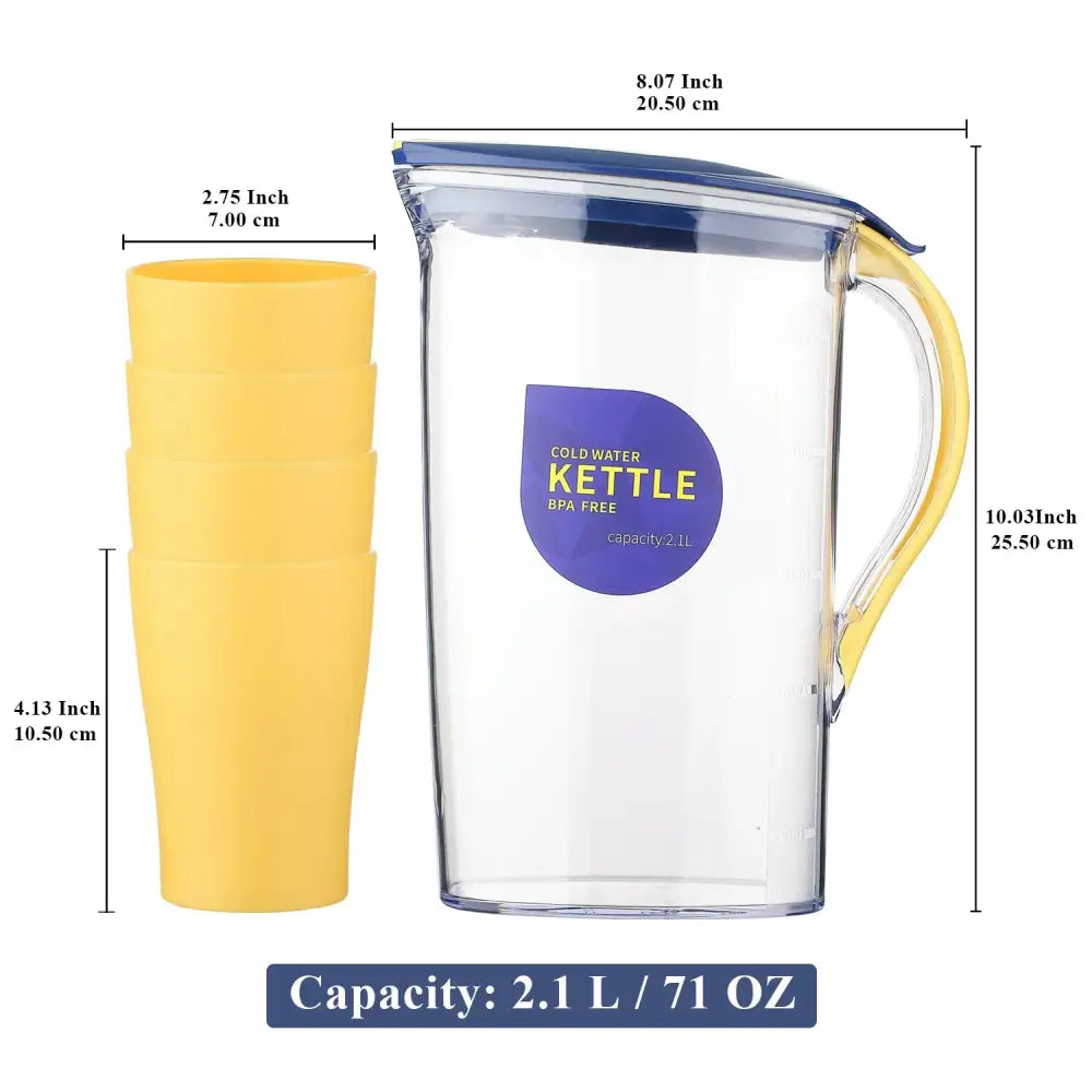 Plastic Water Pitcher with Lid 71 oz and 4 Cups, Great for Juice, Milk, Beverage Cold Tea, Iced Tea (Yellow) - Macchiaco