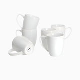 The Porcelain Mugs - 12 Ounce for Coffee, Set of 6, White are shown on a plain white background, with four standing and two tilted. Each pro-grade porcelain mug adds elegance to any drinkware collection.
