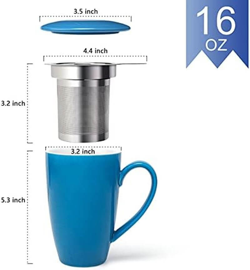 Porcelain Tea Mug with Infuser and Lid, 16 Ounce Ceramic Tea Cup for Loose Leaf, Set of 2(Blue and White) - Macchiaco