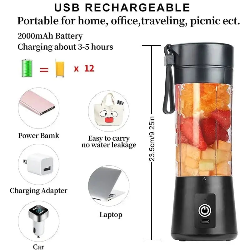 Portable Blender Cup,Electric USB Juicer Blender,Mini Blender Portable Blender for Shakes and Smoothies, Juice,380Ml, Six Blades Great for Mixing, - Macchiaco