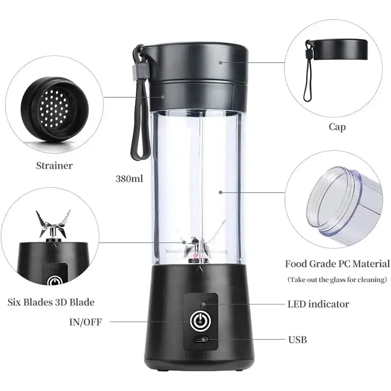 Portable Blender Cup,Electric USB Juicer Blender,Mini Blender Portable Blender for Shakes and Smoothies, Juice,380Ml, Six Blades Great for Mixing, - Macchiaco