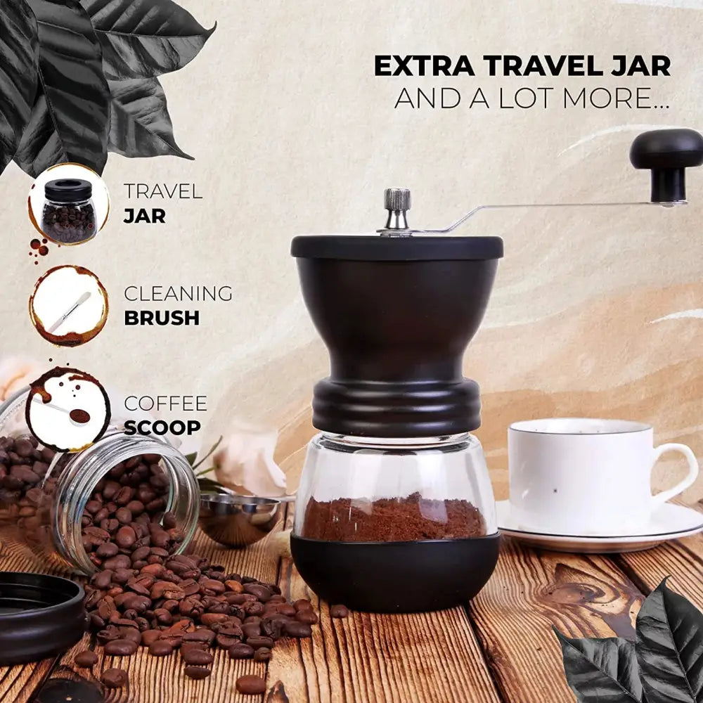 Portable Manual Coffee Grinder with Ceramic Burr and 2 Glass Jars - Ideal for Beans, Espresso, and Spices - Macchiaco