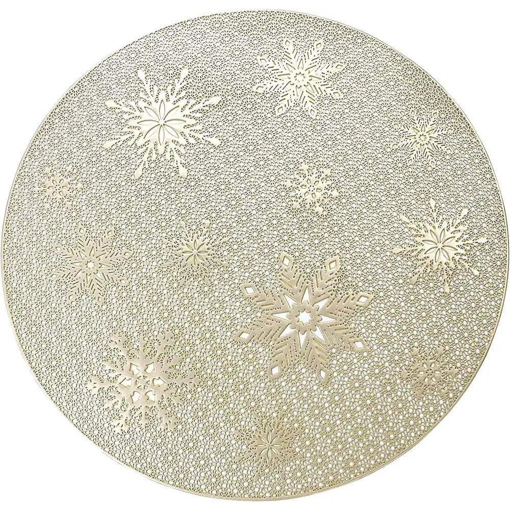 Round Gold Christmas placemats Set of 4 for Dining Table Mats 15“ Wipeable Snowflake Placemats