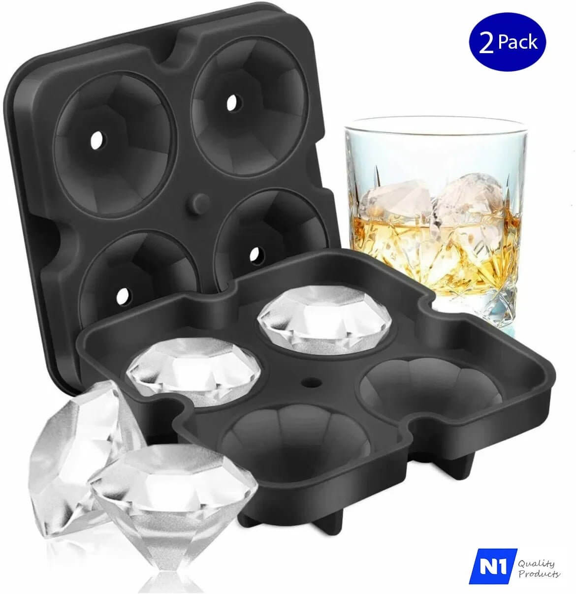 Silicone 3D Diamond ICE Cube Tray Maker Mold Whiskey Cocktails (2 Pack), New - Macchiaco