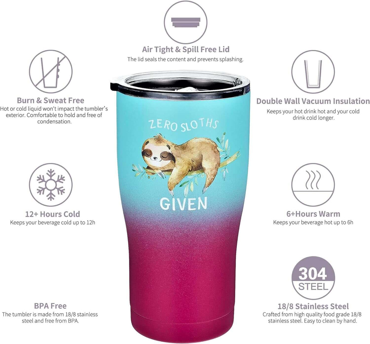 Sloth Tumbler with Straw and Lid - No Sloths Given (Purple Teal, 20 Oz)