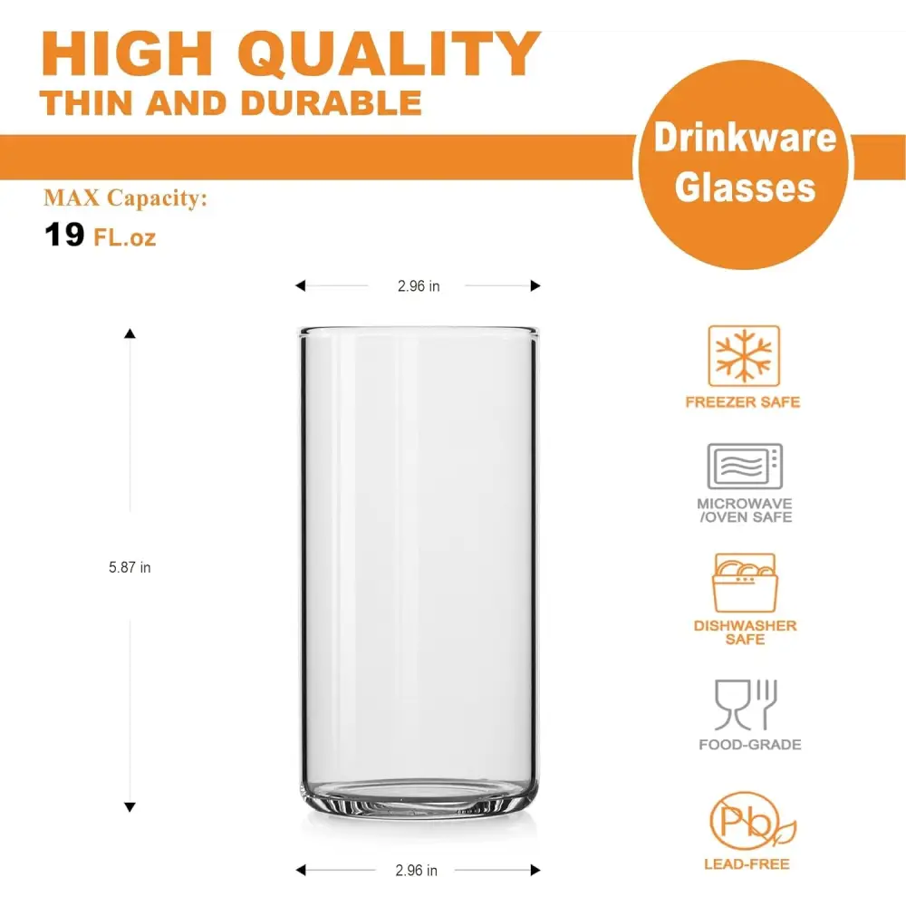 Thin Highball Glasses Set of 4, 19 oz - Clear Tall Glass Cups for Water, Juice, Beer, Cocktails, and Mixed Drinks - Macchiaco