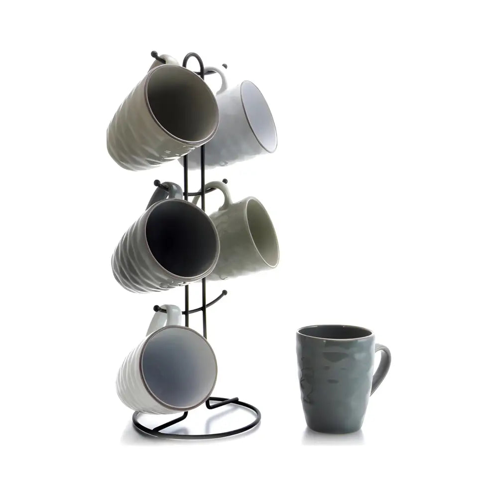 Wave Series Mug Set, 7 Piece, Assorted Grey 2, 12 ounces.