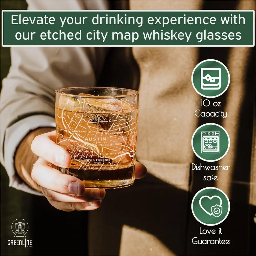 Whiskey Glasses - 10 Oz Tumbler for Austin Lovers (Single Glass) - Etched with Austin Map - Old Fashioned Rocks Glass