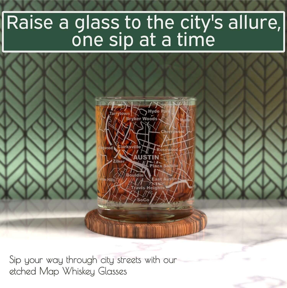 Whiskey Glasses - 10 Oz Tumbler for Austin Lovers (Single Glass) - Etched with Austin Map - Old Fashioned Rocks Glass