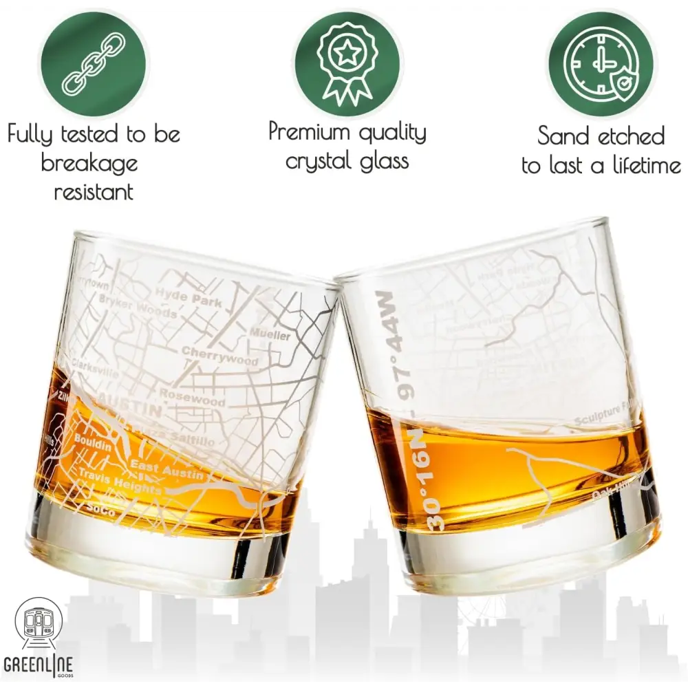 Whiskey Glasses - 10 Oz Tumbler for Austin Lovers (Single Glass) - Etched with Austin Map - Old Fashioned Rocks Glass