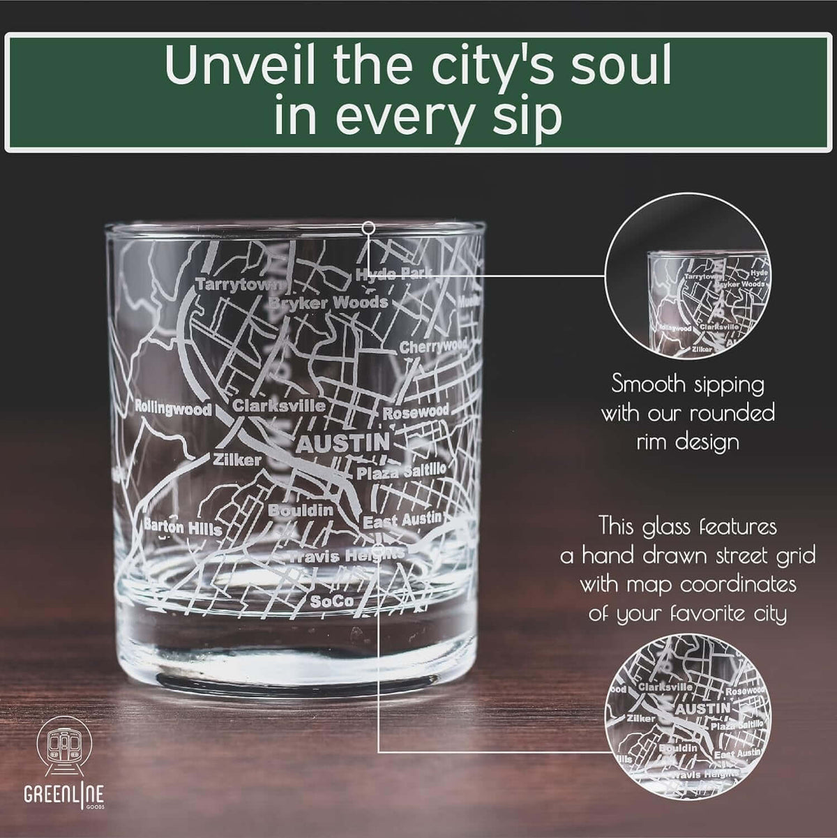 Whiskey Glasses - 10 Oz Tumbler for Austin Lovers (Single Glass) - Etched with Austin Map - Old Fashioned Rocks Glass