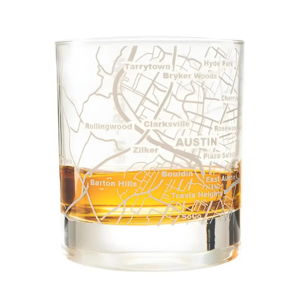 Whiskey Glasses - 10 Oz Tumbler for Austin Lovers (Single Glass) - Austin / Whiskey Etched Map (Pack Of 1) - Bourbon