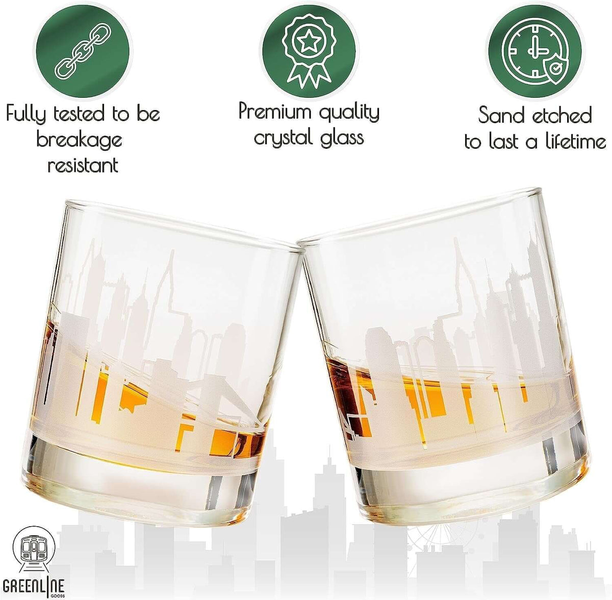 Whiskey Glasses - 10 Oz Tumbler for New York Lovers (Single Glass) - Etched with New York Skyline - Macchiaco