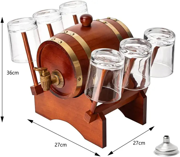 Mahogany Barrel Decanter Set with 6 Whiskey Glasses - Premium 33 Oz Decanter Gift Set - Macchiaco
