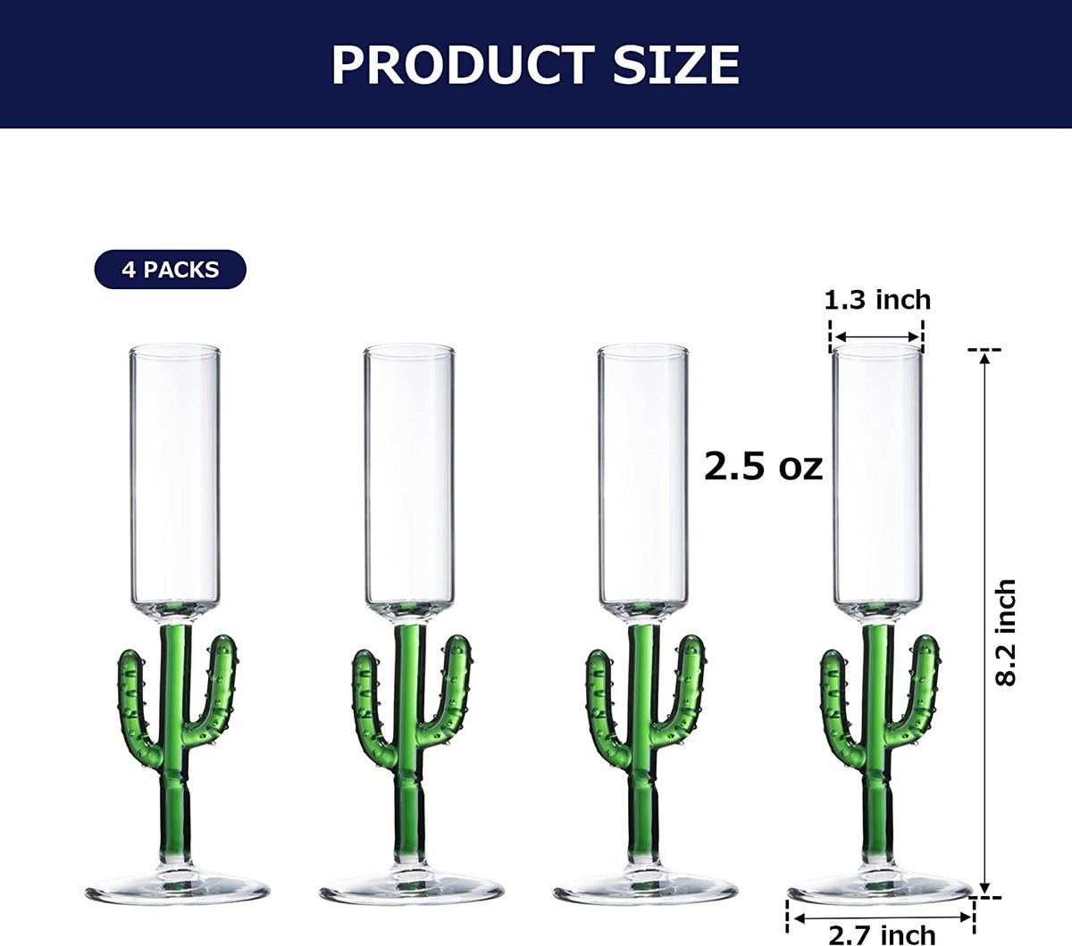 Cactus Shot Glasses 2.5oz | Set of 4 | 1.75"H - Handblown - Macchiaco