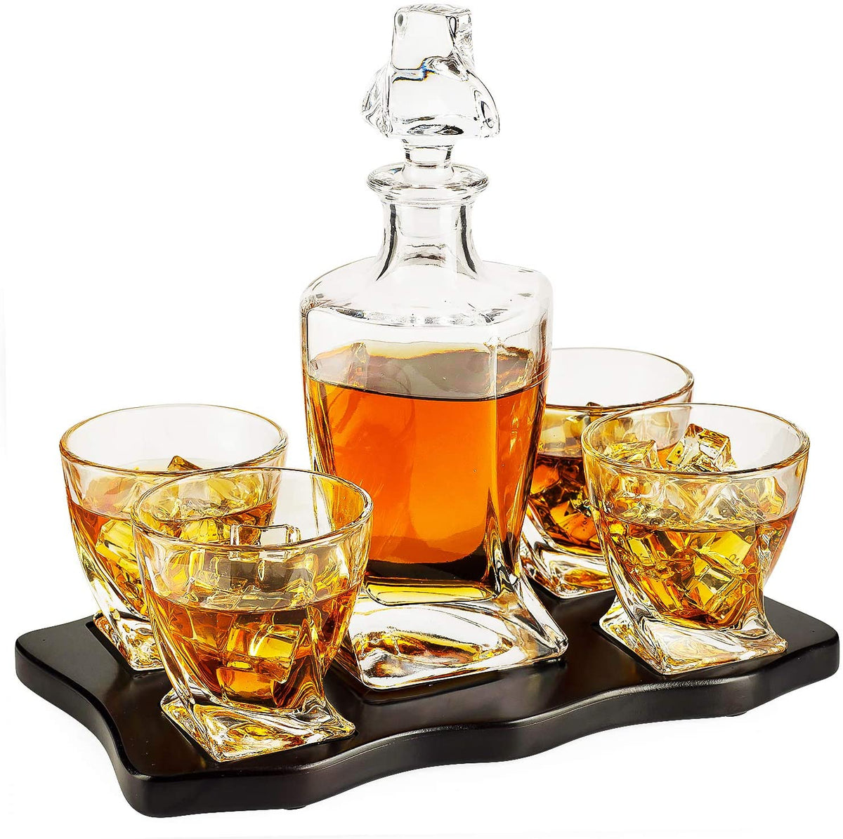 Italian Crafted Crystal 5 Piece Wine & Whiskey Decanter 28 Oz | 4 Glasses | Wood Tray Set - Macchiaco